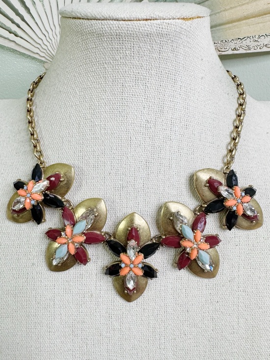 J. Crew Jewelry - J. Crew Multicolor Geo Floral Deco Statement Bib Necklace in Antiqued Brass